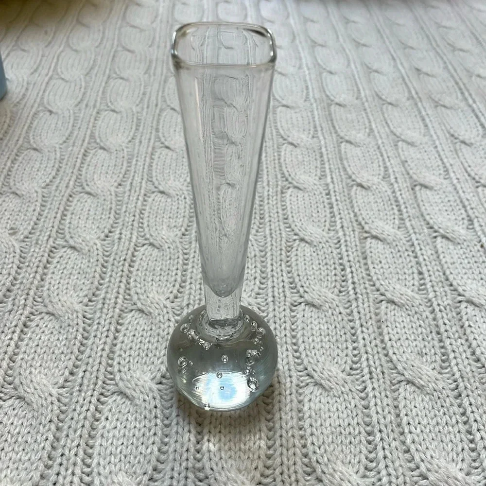 Vtg Small Glass Bud Vase square top Unique bubble bulb Design 5.5”Tall X 1 X 1
